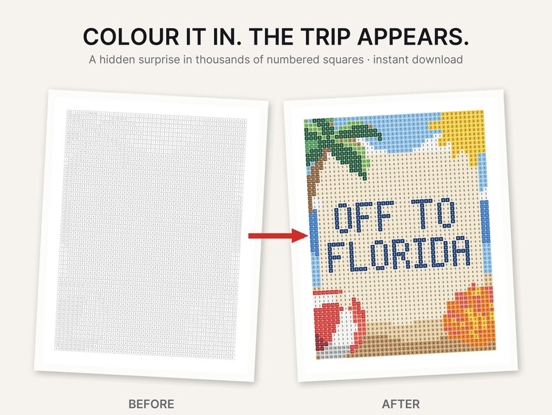 May include: A numbered grid coloring page featuring the text COLOUR IT IN. THE TRIP APPEARS. The before image shows a blank grid with numbers, while the after image reveals a colorful beach scene with a palm tree, sun, and the text OFF TO FLORIDA.