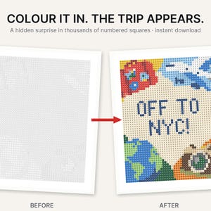 May include: A color-by-number activity sheet featuring the text OFF TO NYC! with illustrations of a suitcase, airplane, globe, and camera. The before image shows a grid of numbered squares, while the after image shows the completed colorful design.
