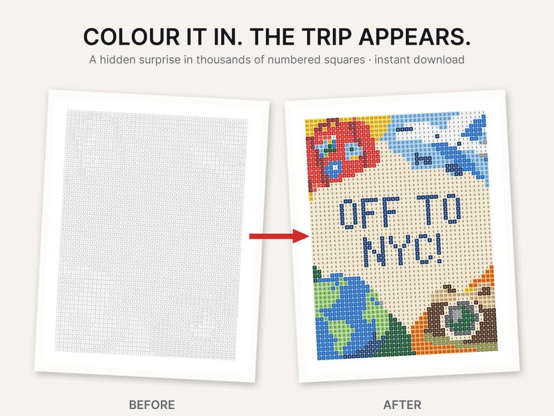 May include: A color-by-number activity sheet featuring the text OFF TO NYC! with illustrations of a suitcase, airplane, globe, and camera. The before image shows a grid of numbered squares, while the after image shows the completed colorful design.