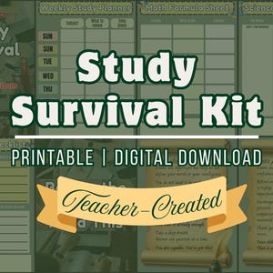 Puede incluir: Una descarga digital titulada "Study Survival Kit" para estudiantes. La imagen presenta un planificador semanal, una hoja de fórmulas matemáticas y conceptos científicos. El diseño incluye el texto "Printable | Digital Download" y "Teacher-Created".