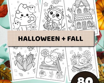May include: A collection of 80 coloring pages with Halloween and Fall themes. The pages feature various illustrations, including a cat with a pumpkin, a haunted house, and corn. The text "HALLOWEEN + FALL" and "80 COLORING PAGES" are visible.