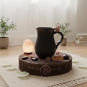 May include: A black ceramic mug sits on a wooden platform with the text "Aragonite Energy Mug". The platform has carved symbols and is surrounded by crystals and a glowing salt lamp. The mug is surrounded by crystals and a glowing salt lamp.