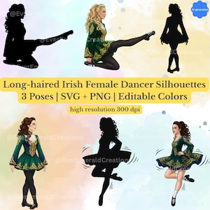 May include: Digital art featuring long-haired Irish dancer silhouettes in three poses, with editable colors. The image includes a dancer in a green dress with gold accents. Text on the image reads "Long-haired Irish Female Dancer Silhouettes 3 Poses | SVG + PNG | Editable Colors".