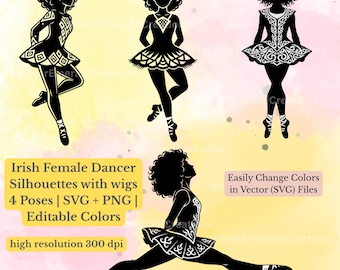 Irish Dance Silhouette Clipart | Female Dancer SVG & PNG | 4 Poses | Curly Wig Silhouettes | Editable Colors