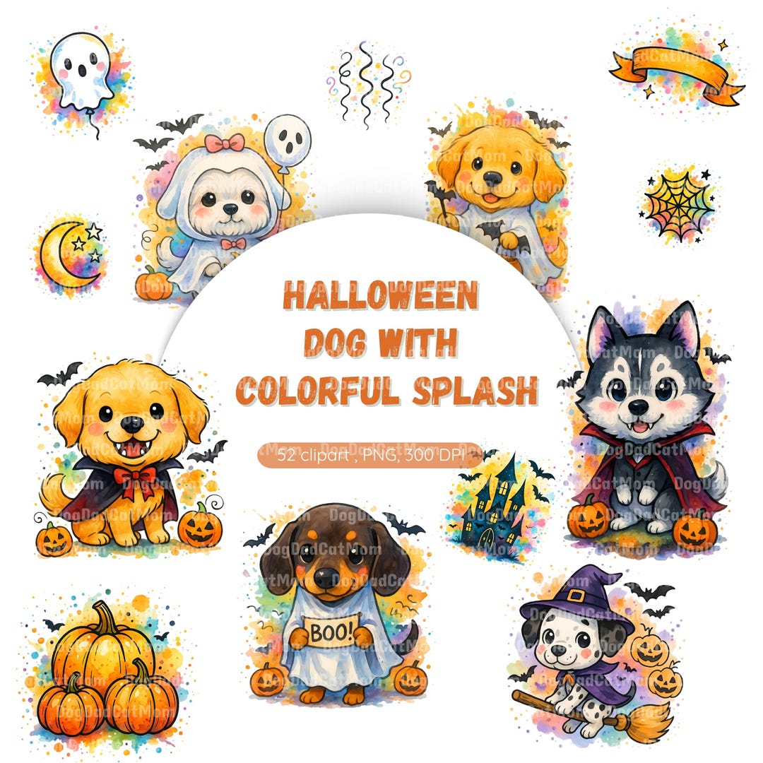 51 Watercolor Splash Halloween Dogs Clipart Bundle - Cute Spooky Puppy ...