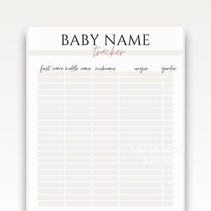 May include: A baby name tracker with the title "BABY NAME tracker" in black and pink script. The tracker includes columns for first name, middle name, nickname, origin, and gender. The background is a light beige colour.