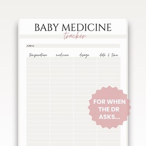 Può includere: Un tracker per farmaci per bambini con sfondo bianco e accento rosa. La parte superiore del tracker recita "BABY MEDICINE tracker". Il tracker include campi per nome, temperatura, farmaco, dosaggio e data e ora. Una grafica a stella rosa recita "FOR WHEN THE DR ASKS..."