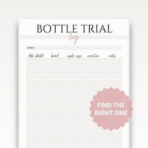 Puede incluir: Un registro de prueba de biberón blanco y beige con el texto "BOTTLE TRIAL log" en la parte superior. El registro incluye secciones para nombre, fecha de inicio, marca, tamaño de la tetina, reacción y notas. Un gráfico de estrella rosa dice "FIND THE RIGHT ONE."