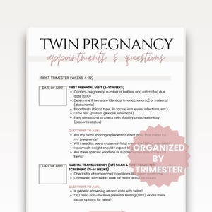 Könnte beinhalten: Ein weißes Dokument mit dem Titel "TWIN PREGNANCY appointments & questions" mit einem rosa und beigen Design. Das Dokument umreißt Termine und Fragen im ersten Trimester, einschließlich pränataler Besuche und Screening-Informationen. Der Text ist nach Datum geordnet.