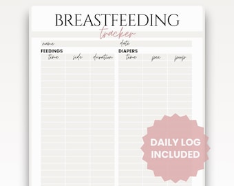 Könnte beinhalten: Ein weißer Still-Tracker mit Rasterlayout zur Aufzeichnung von Fütterungen und Windelwechseln. Der Titel "BREASTFEEDING" ist fett und schwarz, mit "tracker" in kursiver, rosa Schrift. Eine rosa Sternburst-Grafik lautet "DAILY LOG INCLUDED."