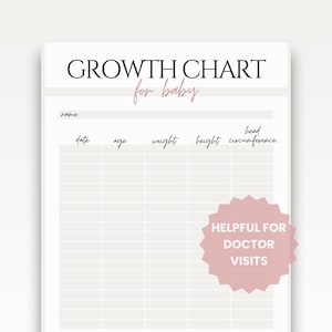 May include: A white and beige baby growth chart with the words "GROWTH CHART for baby" at the top. The chart includes spaces for name, date, age, weight, height, and head circumference. A pink starburst graphic reads "HELPFUL FOR DOCTOR VISITS."