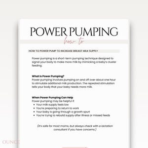 May include: A white document with the title "POWER PUMPING" and the subtitle "how to". The document explains power pumping to increase breast milk supply, including when it can help and what it is.