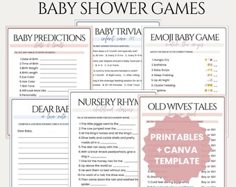 Baby Shower Games Printable Bundle Feeding Trivia Nursery Rhymes Emoji Match Guess the Baby Stats Modern Baby Shower Activities