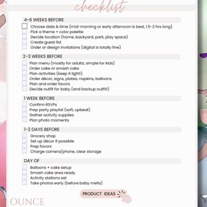 First birthday party checklist printable designed for baby first birthday planning includes a detailed timeline party essentials list fun age appropriate activities smash cake planning food ideas decoration inspiration and favor ideas for parents hosting a one year old birthday celebration with garden wild one and happy camper theme concepts in an easy to follow planning guide created for stress free party prep
