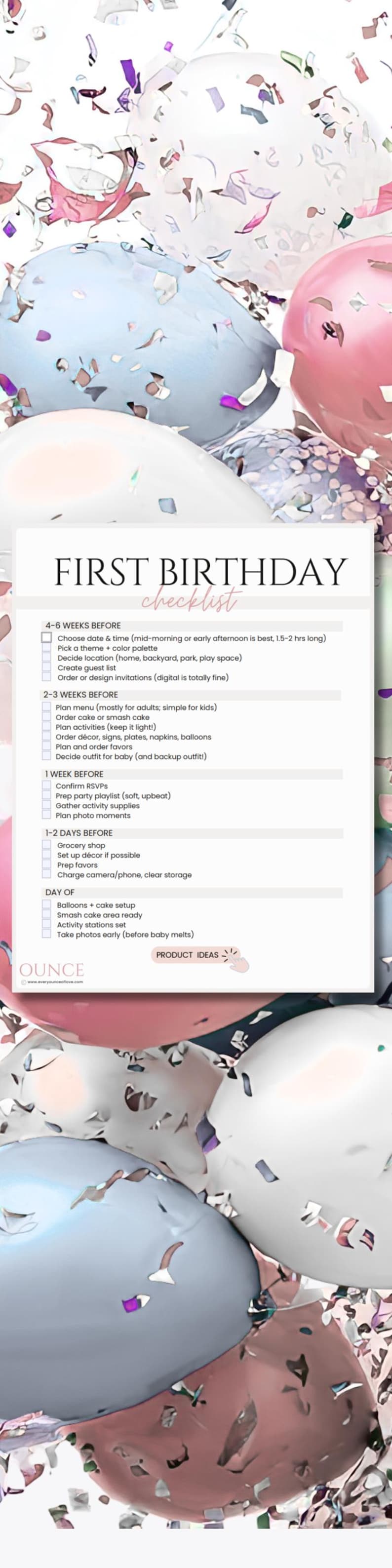 First birthday party checklist printable designed for baby first birthday planning includes a detailed timeline party essentials list fun age appropriate activities smash cake planning food ideas decoration inspiration and favor ideas for parents hosting a one year old birthday celebration with garden wild one and happy camper theme concepts in an easy to follow planning guide created for stress free party prep