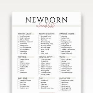 Könnte beinhalten: Eine weiße Checkliste mit dem Titel "NEWBORN checklist" mit Kategorien für Kinderzimmer, Ernährung, Windeln, Reisen und Wochenbett. Die Checkliste umfasst Artikel wie Kinderbett, Flaschen, Windeln, Autositz und Wochenbettbinden.
