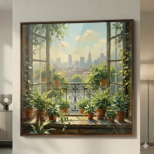 Gezellige afdruk met open raam | Stedelijk appartementdecor | Digitale download zomermuurkunst