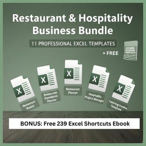 May include: An image advertising a Restaurant & Hospitality Business Bundle. It showcases Excel template icons for various restaurant management tasks. The text highlights "11 Professional Excel Templates" and a "Free 239 Excel Shortcuts Ebook" bonus, all on a green background.