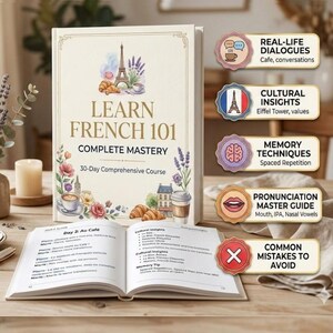以下が含まれることがあります： 「Learn French 101」というタイトルの本。表紙にはエッフェル塔とクロワッサンが描かれています。開かれた本にはフランス語のテキストが表示されています。アイコンは、実際の会話、文化的な洞察、記憶術、発音ガイドを示しています。