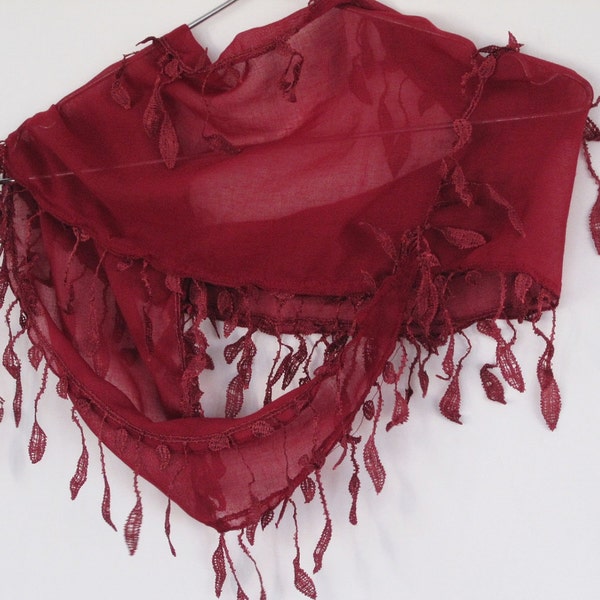 AUTUMN LEAVES Traditional Turkish Cotton Woven With Fringed Leaves Lace Scarf Burgundy Maroon