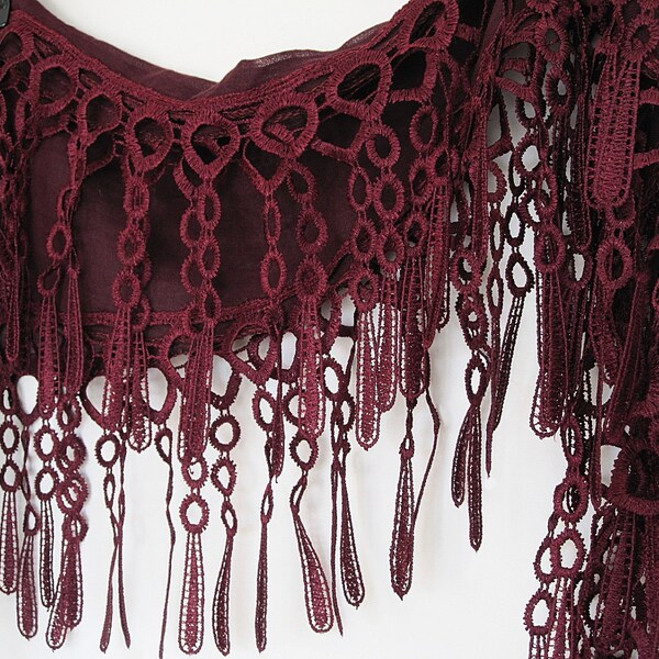 RED WINE  Cotton Scarf With Lace, Organic, Burgundy, Wedding,eco-friendly,Fringed