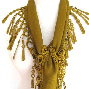 Olive Green Pashmina Scarf With Fringed Lace, Mother&#39;s Day, For Gift