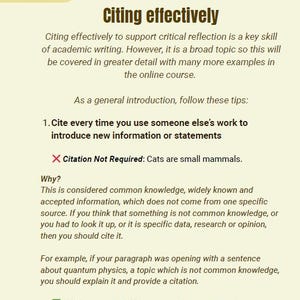May include: A page from "The WordFlow Coach" with the title "Citing effectively." The text explains how to cite sources in academic writing, with examples of when citations are and are not required. The page has a light beige background.