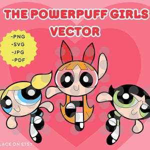 Puede incluir: Gráfico vectorial de las Supernenas sobre un fondo rosa en forma de corazón. El texto "The Powerpuff Girls Vector" está presente, así como las opciones de archivo PNG, SVG, JPG y PDF. Los personajes están en movimiento.