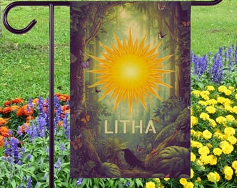 Summer Solstice Garden Flag, Litha Sun & Butterfly Witchy Outdoor Decor