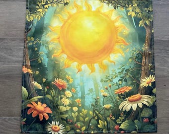 Summer Solstice Tarot Altar Cloth 22x22 Cotton, Litha Sun and Floral Witch Decor