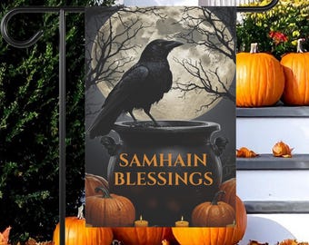 Samhain Garden Flag, Customizable Gothic Raven Halloween Outdoor Decor, Sabbat Gift