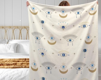 Evil Eye Throw, Home Protection Plush Blanket, Turkish Amulet