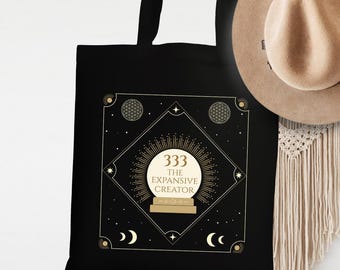 333 Angel Number Tote Bag, Flower of Life Sacred Geometry, Witchy Boho Gift