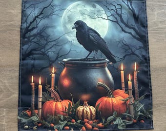 Samhain Altar Cloth 22x22 Cotton, Crow and Pumpkin Witchy Pagan Home Decor