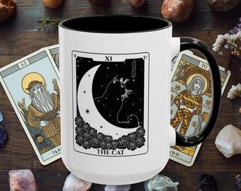 Black Cat Tarot Coffee Mug, Gothic Celestial Gift, Witchy Homeware or Halloween Present