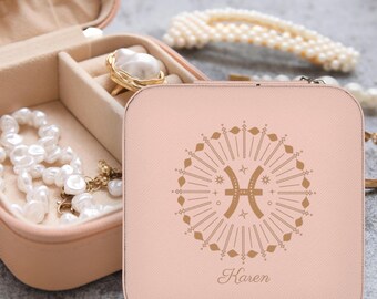 Pisces Jewelry Box, Personalized Zodiac Travel Jewelry Case with Name, Astrology Woman Gift