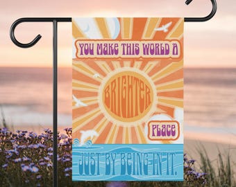 Retro 70s Sunburst Flag, Boho Ocean Garden, Inspirational Outdoor Decor