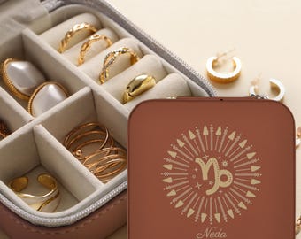 Capricorn Jewelry Box, Zodiac Travel Organizer Case with Name, Astrology Graduate Gift
