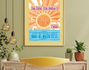 Retro 70s Sunburst Typography Print, Boho Ocean Wall Art, Inspirational Dorm Poster