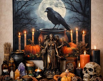 Samhain Altar Cloth 22x22 Cotton, Crow and Pumpkin Witchy Pagan Home Decor