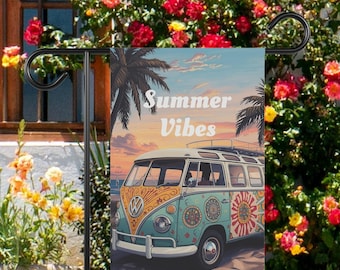 Hippie Bus Garden Flag Personalized, Boho Summer Outdoor Decor for Yard