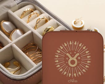 Personalized Taurus Zodiac Travel Jewelry Case, Custom Name Organizer, Girls Trip Gift