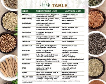 Herb Therapeutic Mystical Uses Chart Poster Digital Download, Botanical Kitchen Wall Art Printable