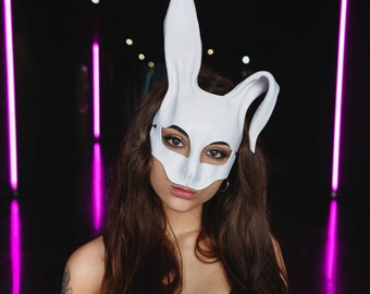 Rabbit mask made of leather. , Modeled leather mask. Animal cosplay.