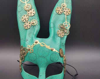 Steampunk leather rabbit mask with antique gold gears