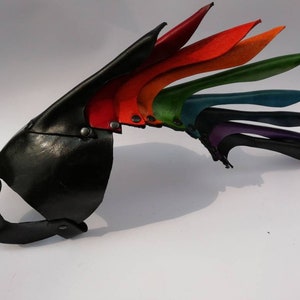 Mask with multicolored rainbow crest, black, made of .PRIDE leather. ldtbi mask