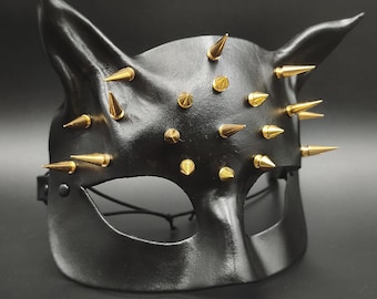 Black Leather Cat Mask with Gold Spikes, Handmade Catwoman Cosplay Mask, Artisan Goth Fetish Eyemask, Underground Techno Rave Wear
