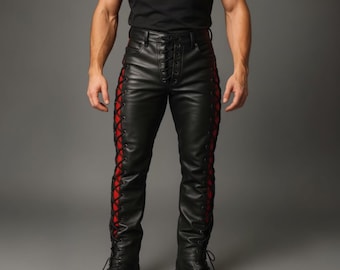 Handmade Men Black Leather Pants Side Lace Up Biker Trousers Punk Rock Style Slim Fit Steampunk Genuine Cowhide Clothing Custom Gift