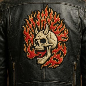 Vintage Distressed Black Leather Biker Jacket - Flaming Horned Skull Embroidered Back Patch - Handmade Motorcycle Rocker Punk Streetwear Men