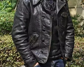 Chaqueta de cuero cosaco vintage de los años 30 para hombre, estilo deportivo de cuero negro desgastado con medio cinturón, chaqueta de motociclista retro con botones, regalo personalizado para hombre.